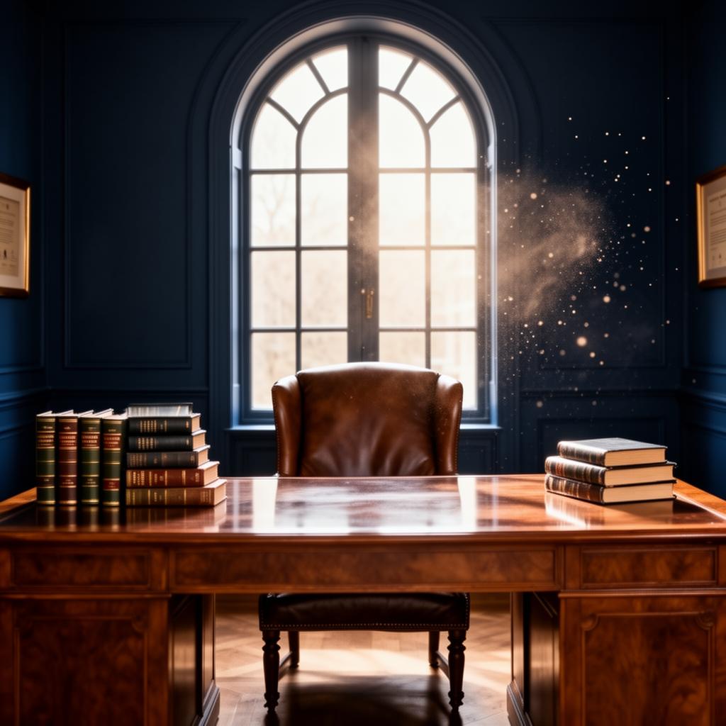 A quiet solicitor's office, sunlight through an arched window