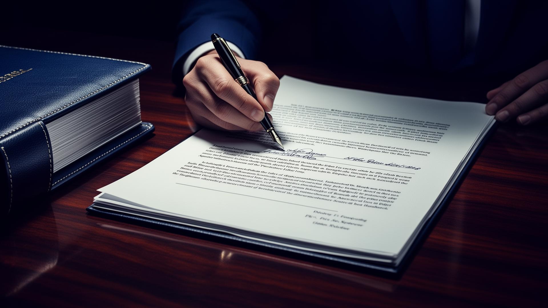 A solicitor signing a legal document at a polished walnut desk
