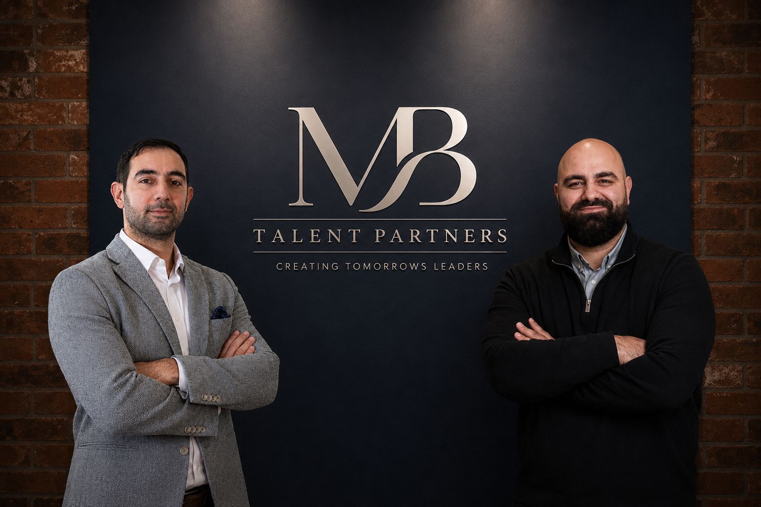 William Michael and Ninos George Bakoos, founders of MB Talent Partners, photographed in front of the firm's signage.
